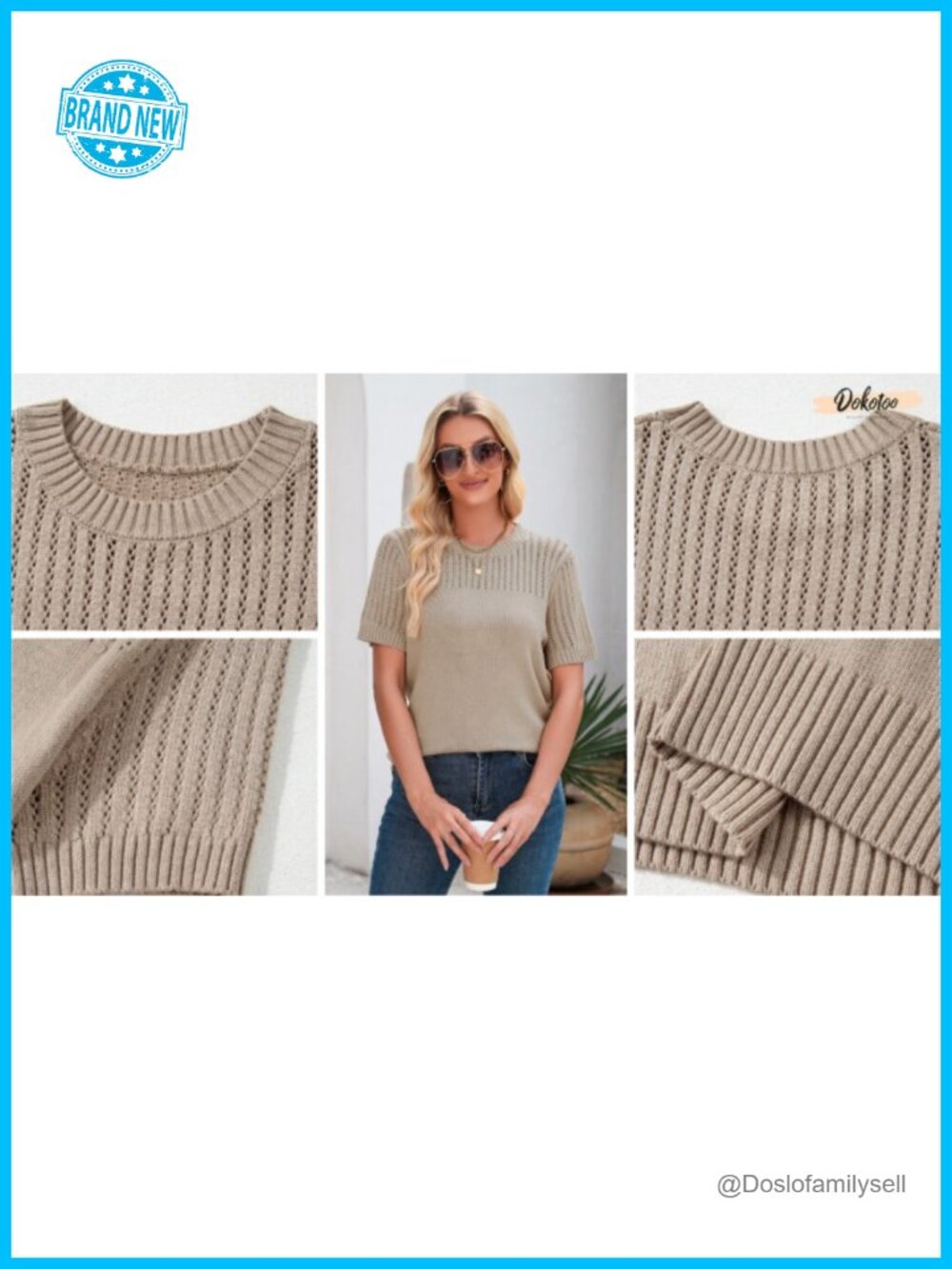 Crew Neck Hollow Out Knit Loose Sweater Blouse Tunic Top - Picture 7 of 7